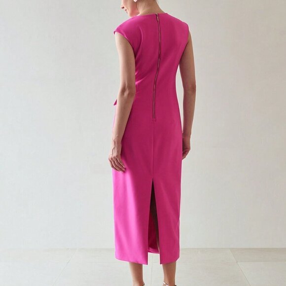 Hot Pink Elegant Women's Flap Detail Split Hem Cap Sleeve Dress - Picture 5 of 7